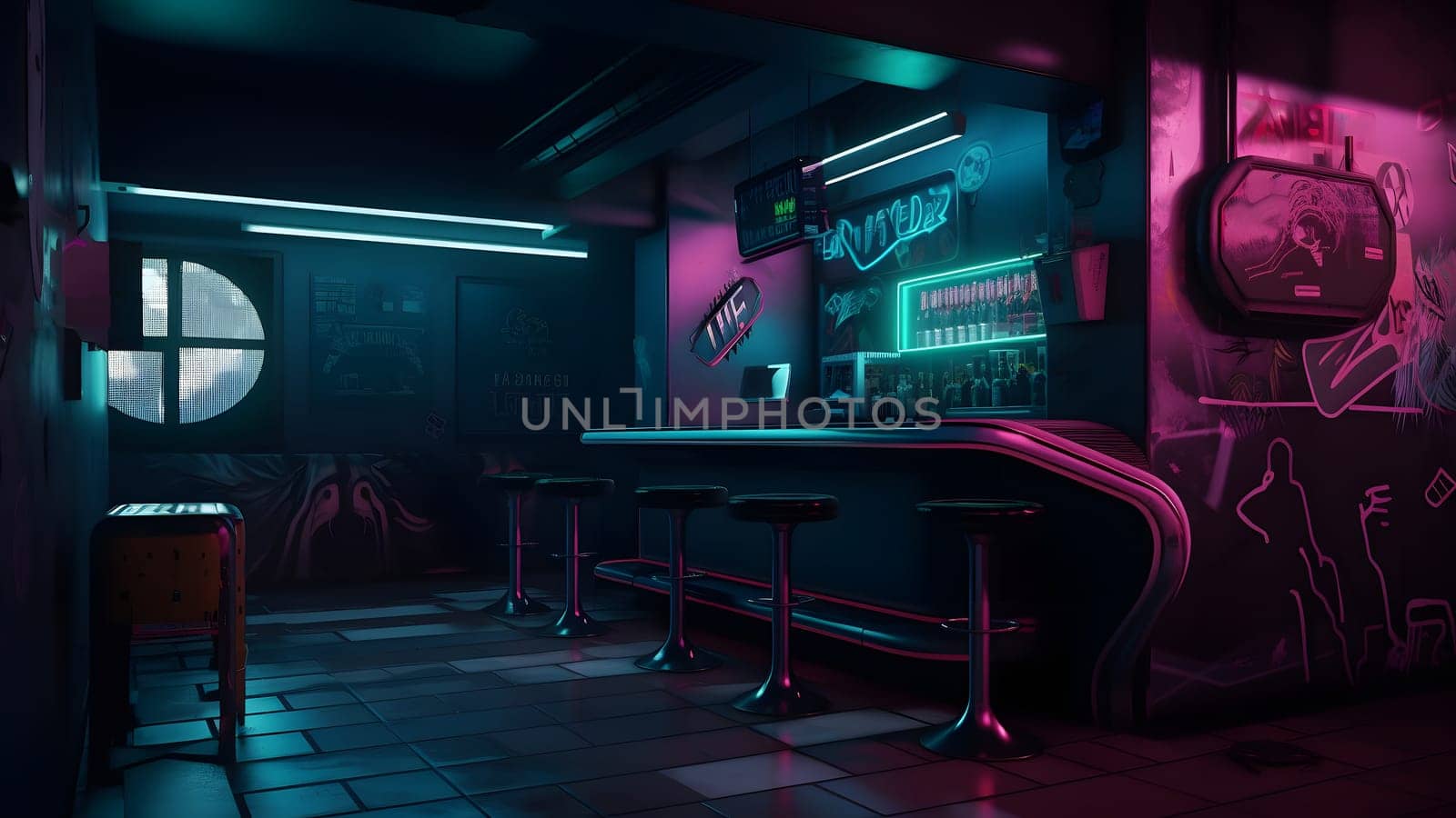 cyberpunk style bar dark interior concept with neon lights. Neural network generated in May 2023. Not based on any actual person, scene or pattern.