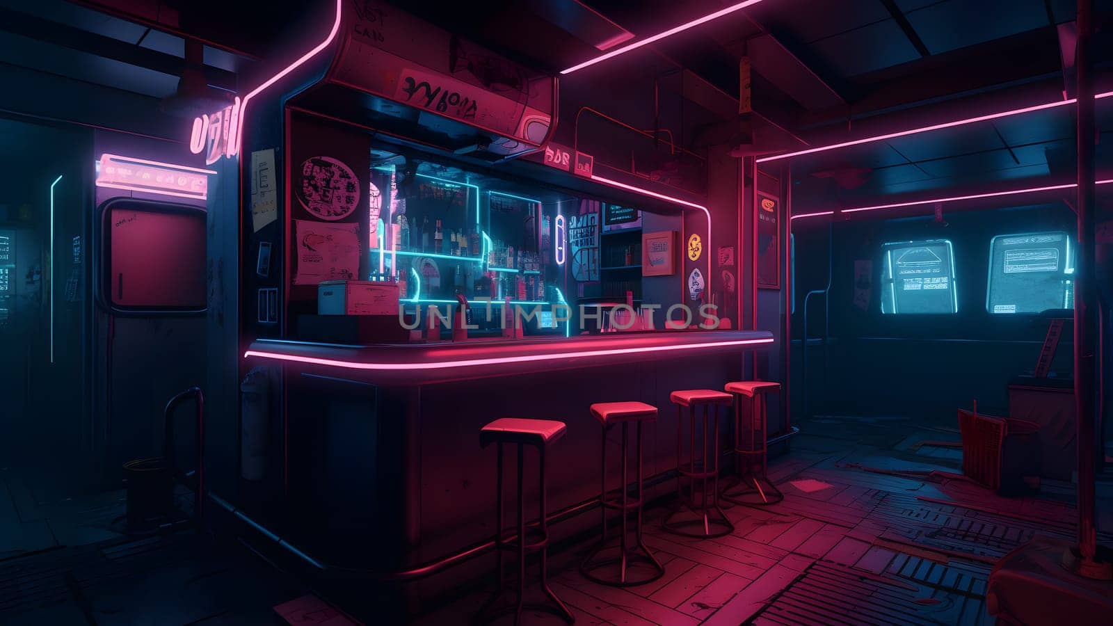 cyberpunk style bar dark interior concept with neon lights. Neural network generated in May 2023. Not based on any actual person, scene or pattern.