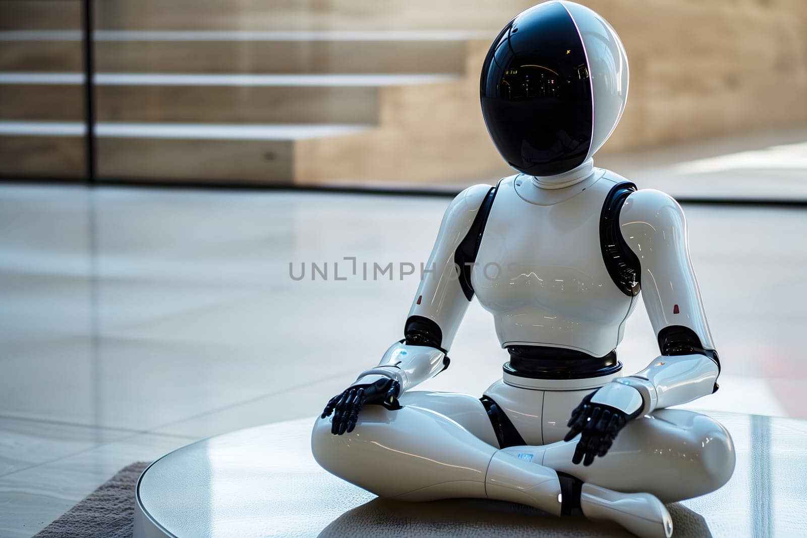 Android sitting in lotus position. Neural network generated image. Not based on any actual person or scene.