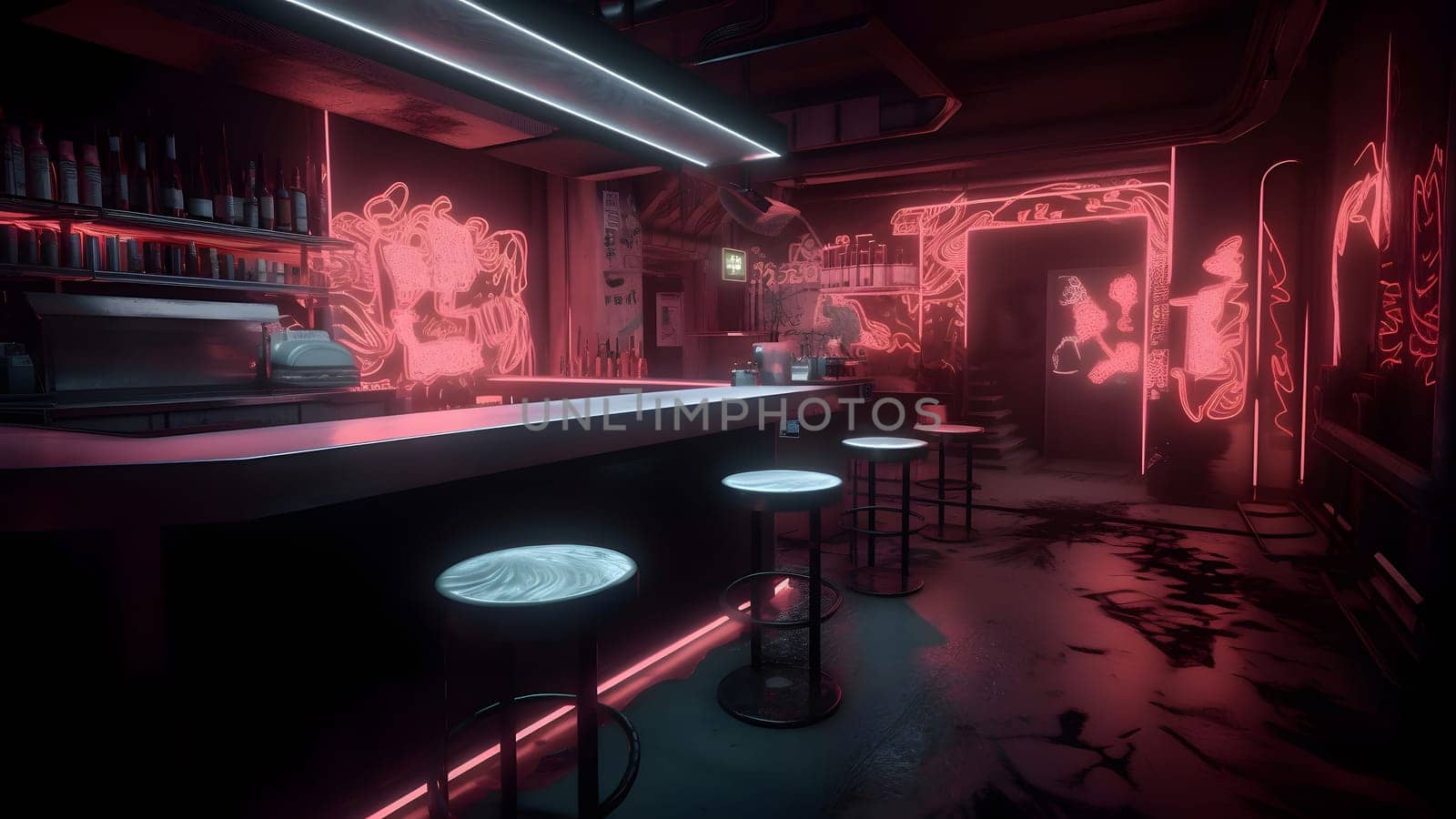 cyberpunk style bar dark interior concept with neon lights. Neural network generated in May 2023. Not based on any actual person, scene or pattern.
