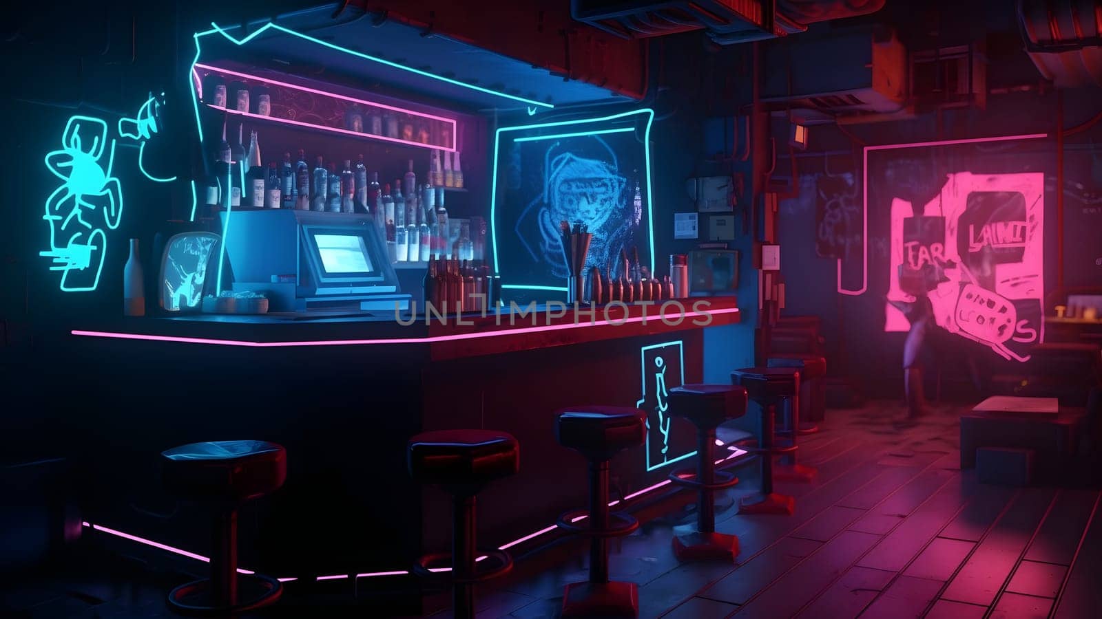 cyberpunk style bar dark interior concept with neon lights. Neural network generated in May 2023. Not based on any actual person, scene or pattern.