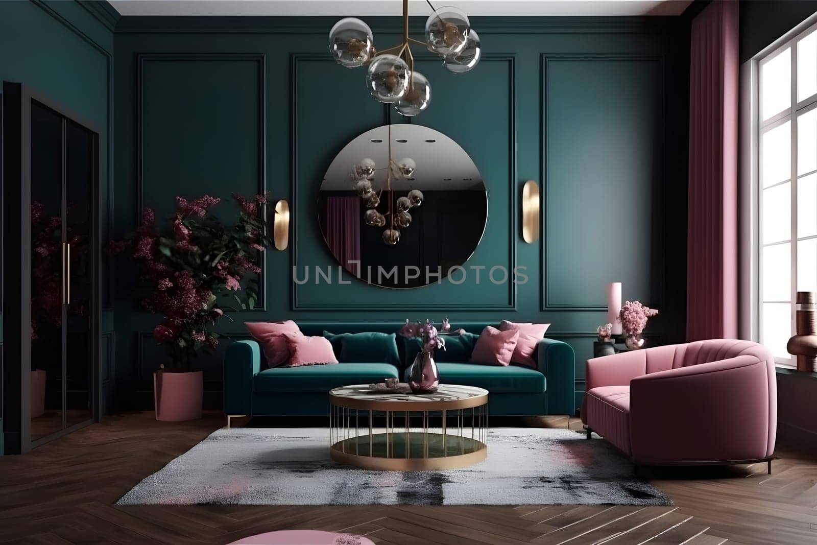 Deep color designed home interior. Neural network generated in May 2023. Not based on any actual scene or pattern.
