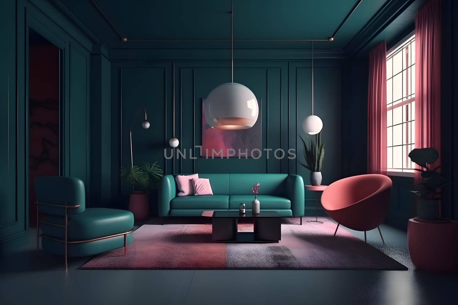 Deep color designed home interior. Neural network generated in May 2023. Not based on any actual scene or pattern.