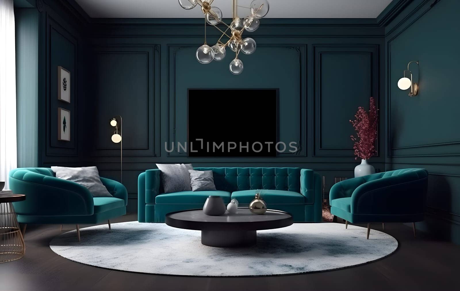 Deep color designed home interior. Neural network generated in May 2023. Not based on any actual scene or pattern.