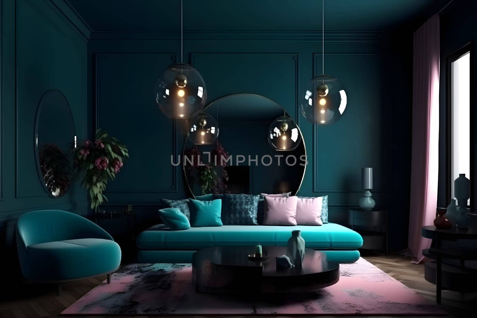 Deep color designed home interior. Neural network generated in May 2023. Not based on any actual scene or pattern.