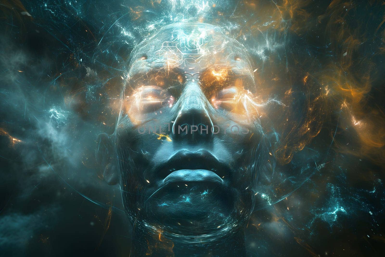 glowing humanoid supernatural face for AI or AGI - Artificial General Intelligence - or - ASI Artificial Super Intelligence - god concept