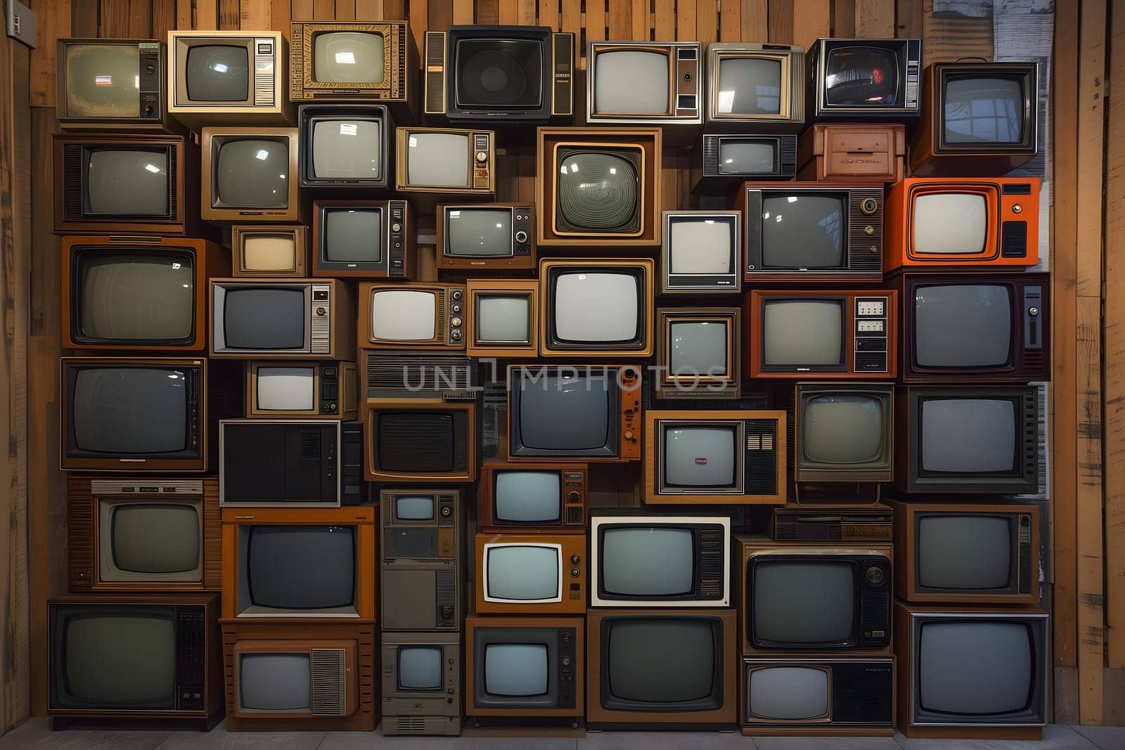 Many old analog tv sets stacked along the wall. Digital neural network generated image. Not based on any actual scene or pattern.