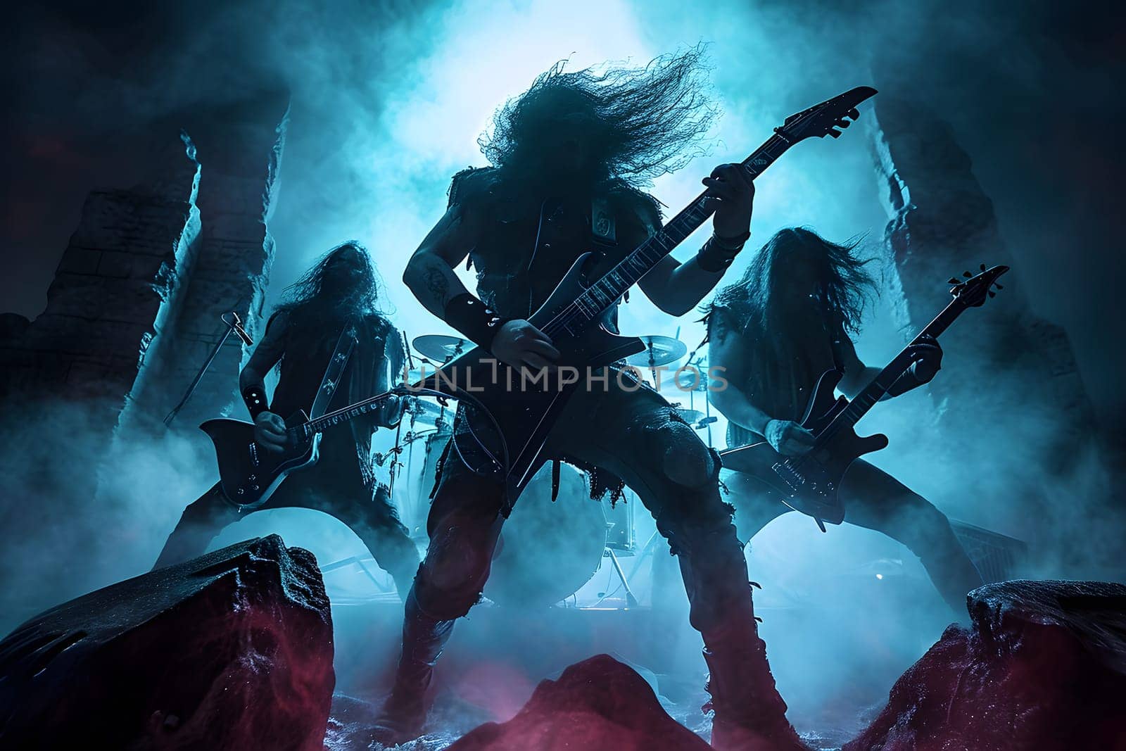hellish rock musicians band with electric guitars in a rock world/ Digitally generated image. Not based on any actual person, scene or pattern.