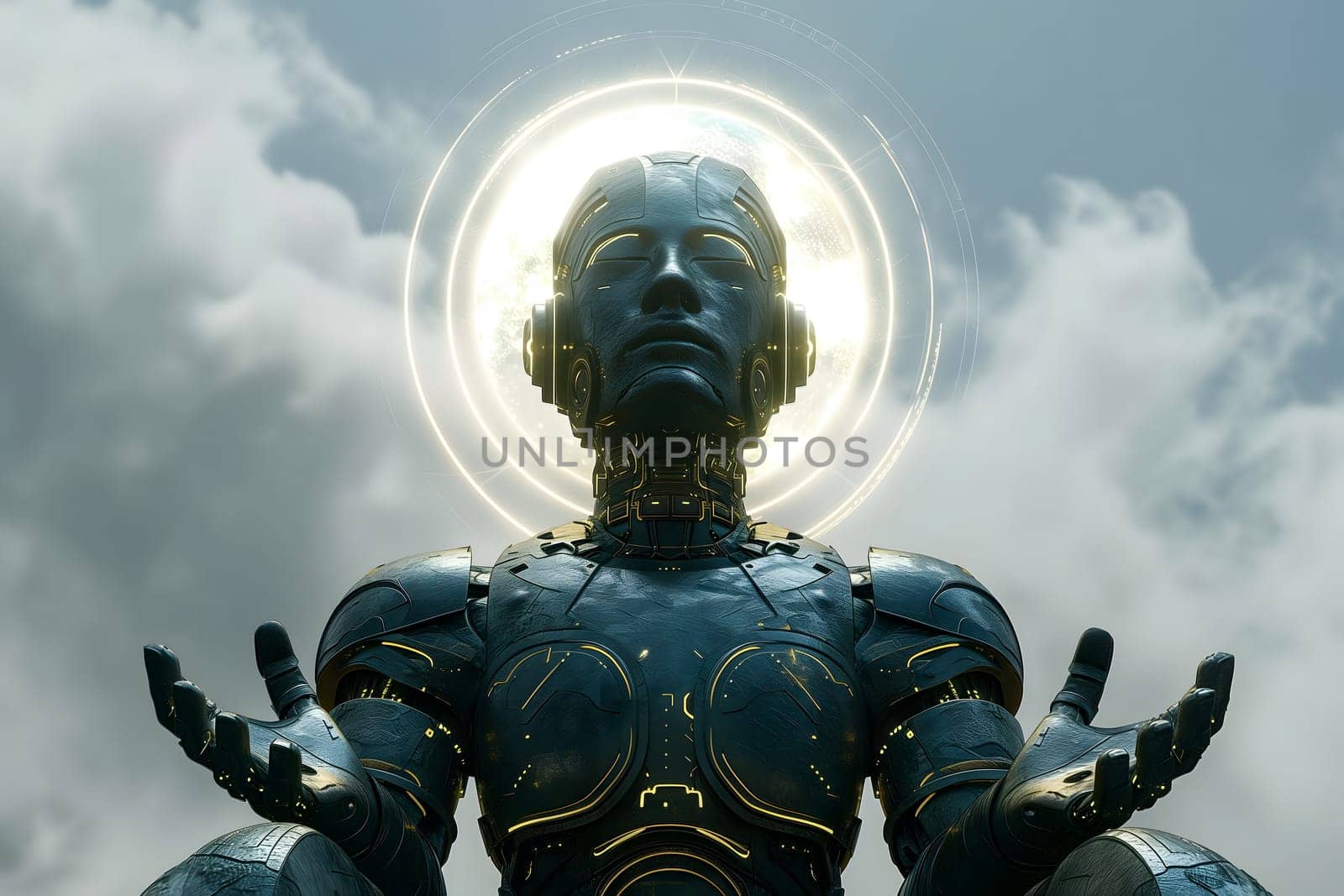 android with around head on sky with clouds background, AI god concept.