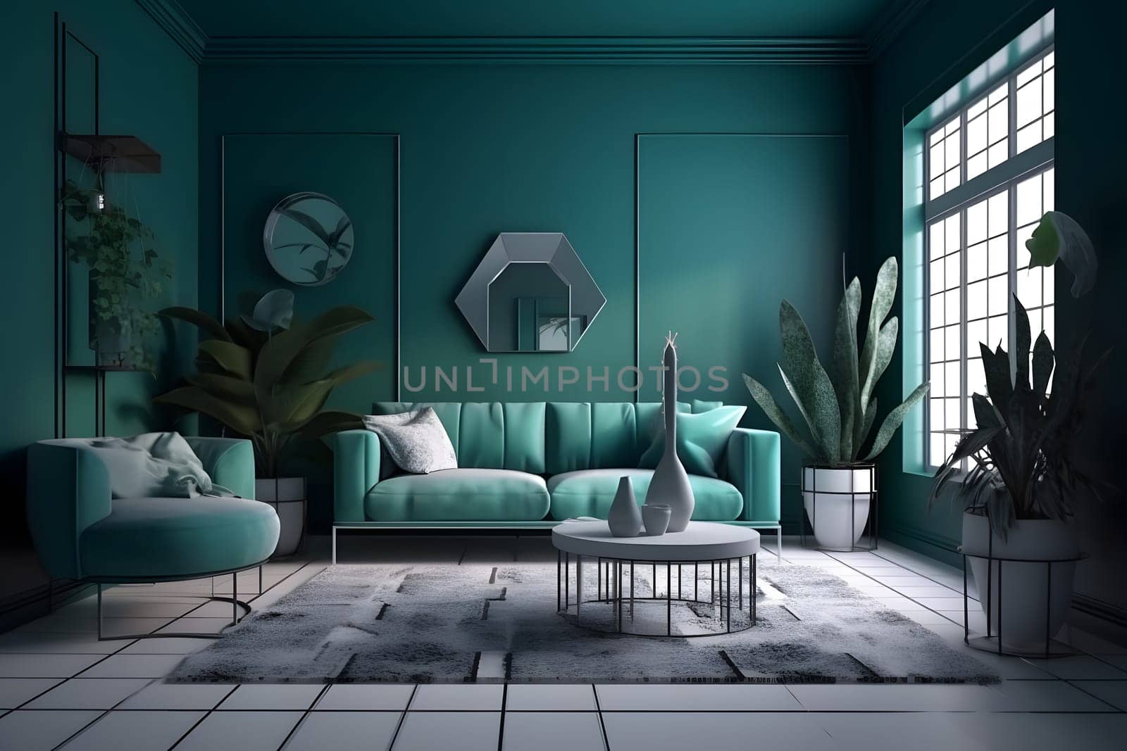 Deep color designed home interior. Neural network generated in May 2023. Not based on any actual scene or pattern.