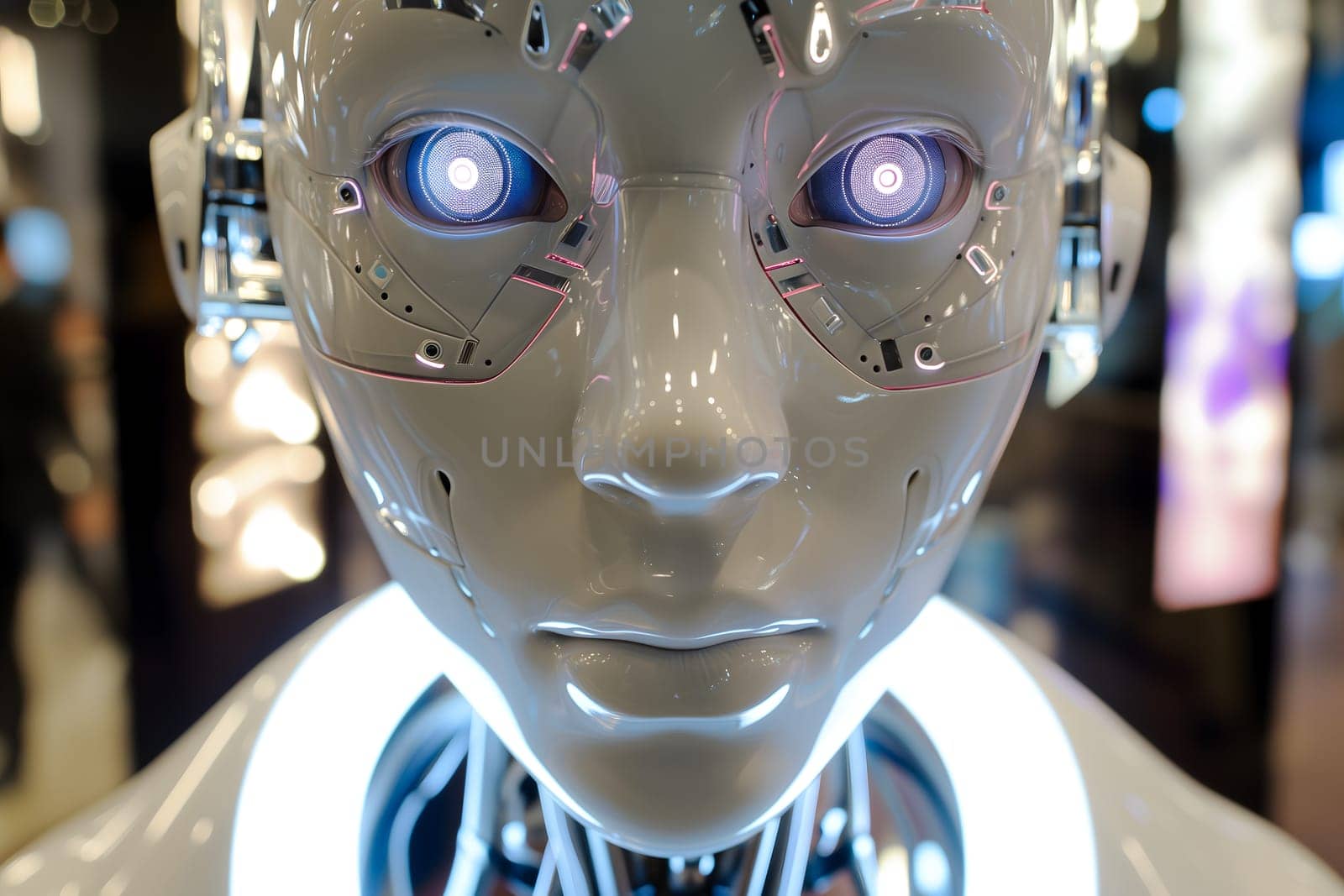 white anthropomorphic robot with blue glowing eyes portrait looking into camera.
