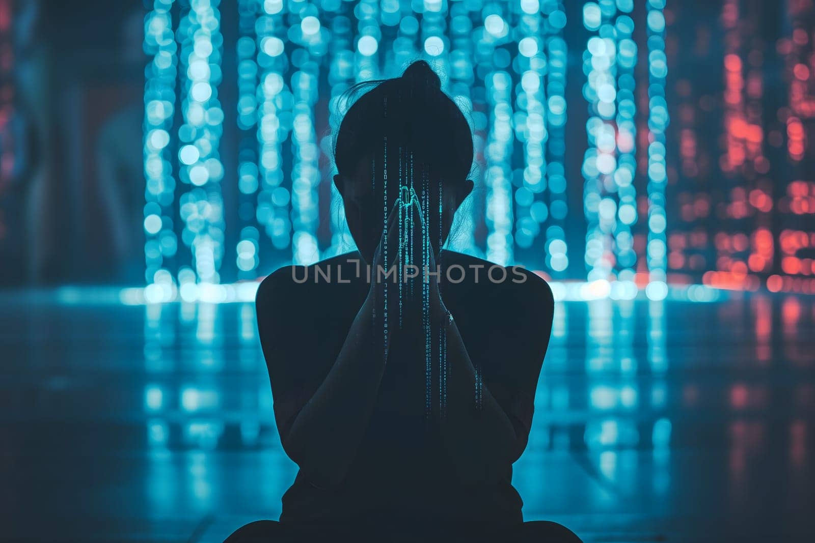 Human praying to AI god with glowing blue symbols in the background. Neural network generated image. Not based on any actual person or scene.
