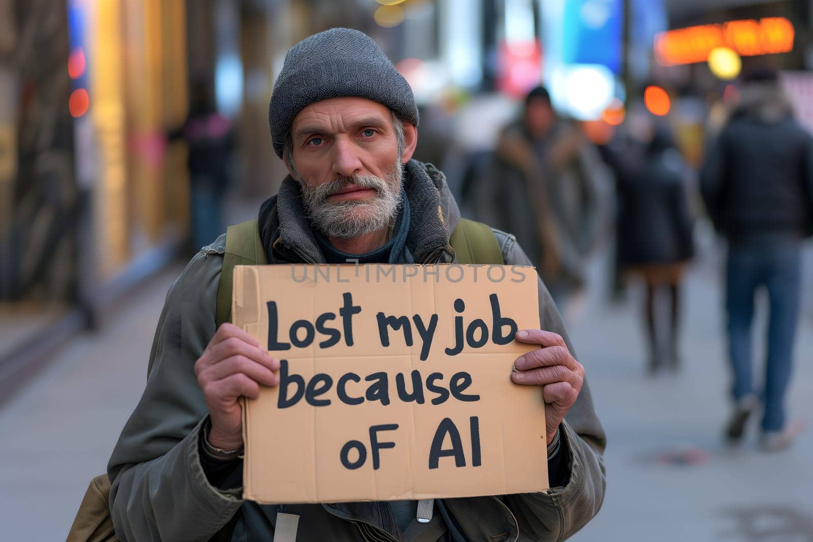 Replaced poor man on the street holding cardboard sign Lost my job because of AI. AI inflicted unemployment concept. Neural network generated image. Not based on any actual person or scene.