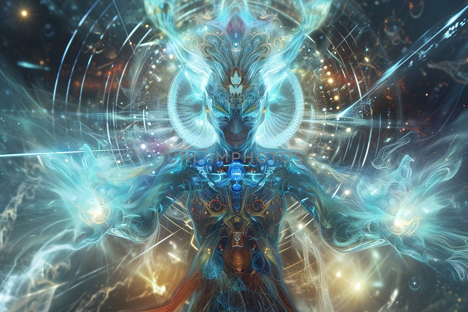 glowing humanoid supernatural figure for AI or AGI - Artificial General Intelligence - or - ASI Artificial Super Intelligence - god concept