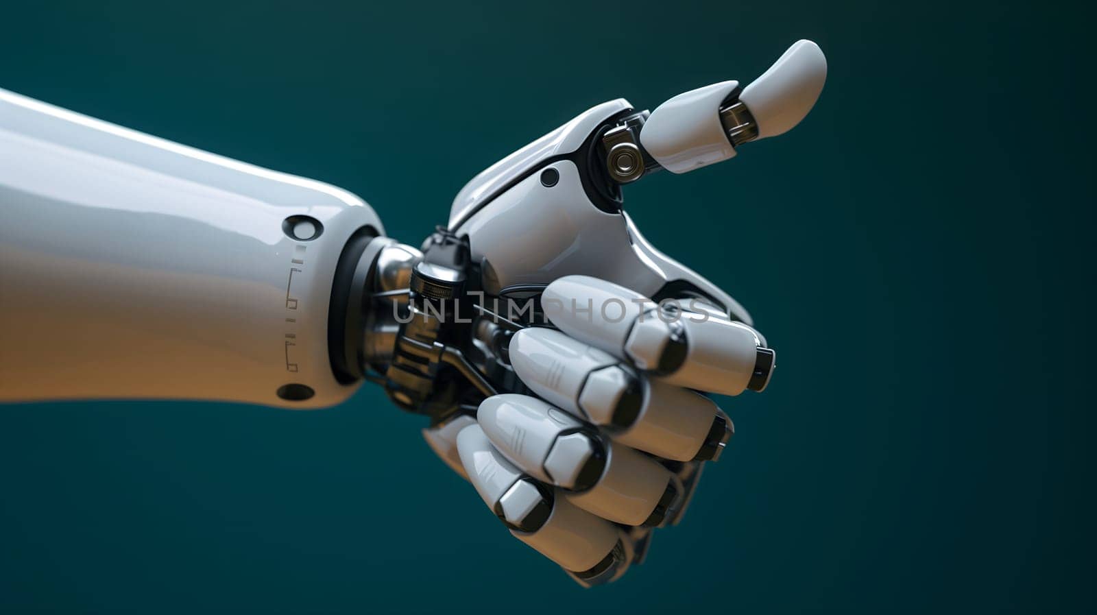 Robot hand gesture closeup on dark green background. Neural network generated image. Not based on any actual person or scene.