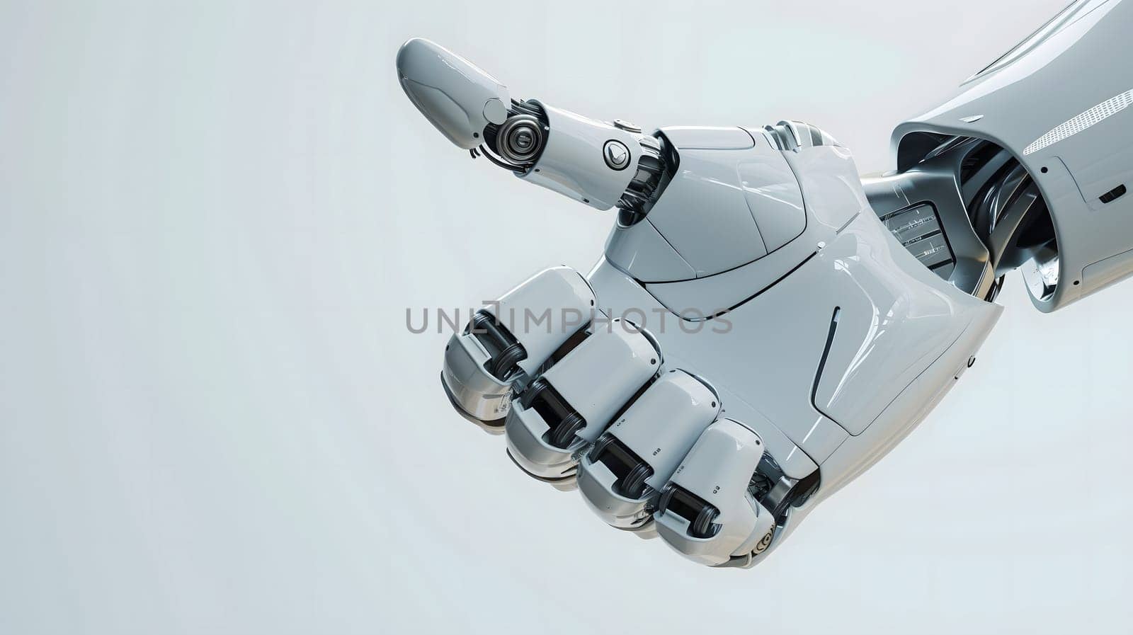 Robot hand with thumb up gesture closeup on white background. Neural network generated image. Not based on any actual person or scene.