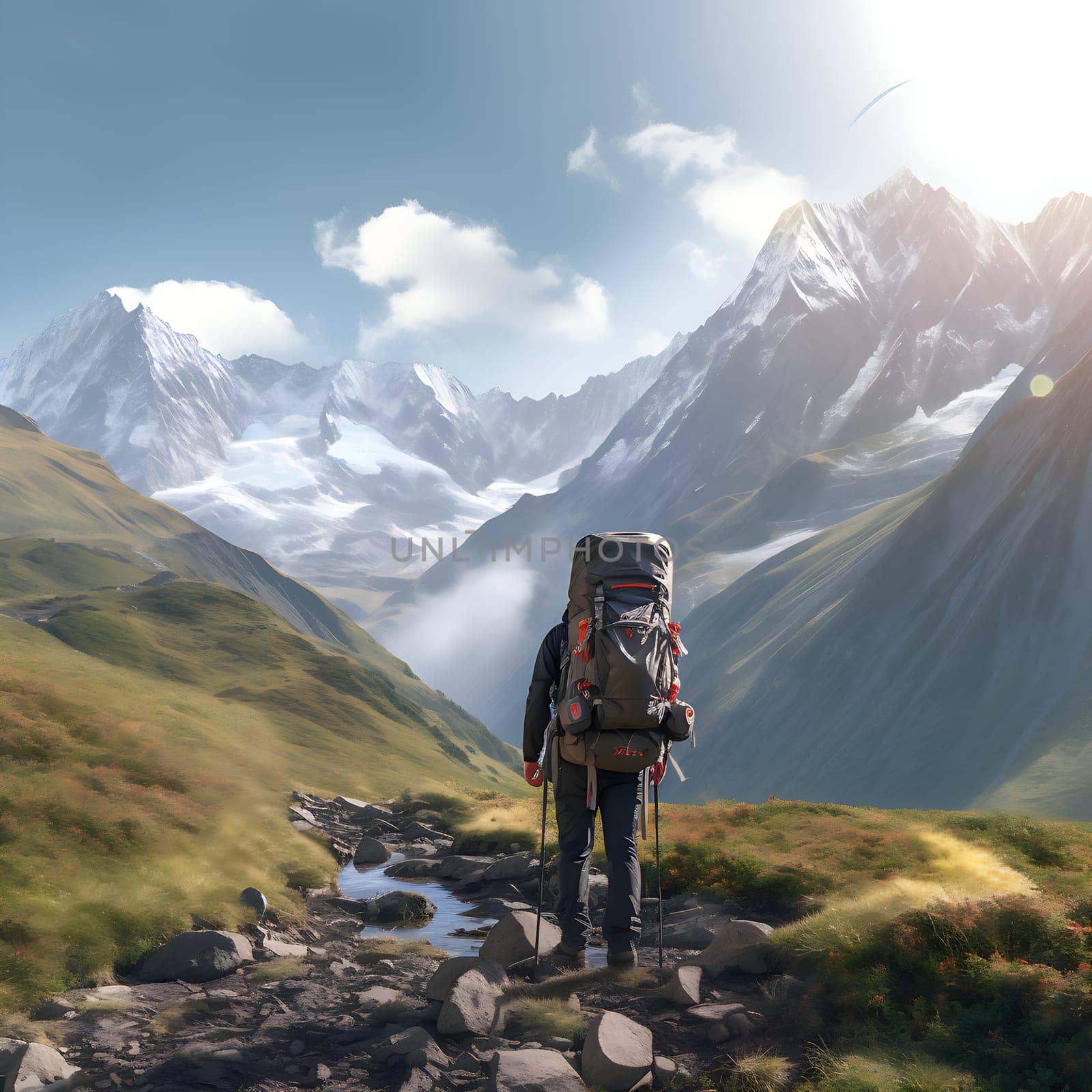 A hiker with a large rucksack in a beautiful mountain landscape generated by artificial intelligence