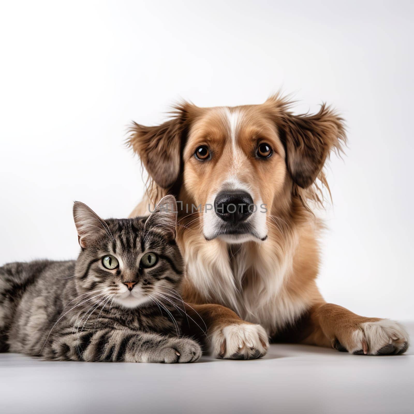 Animal friendship - a cat and a dog sitting peacefully together generated by artificial intelligence