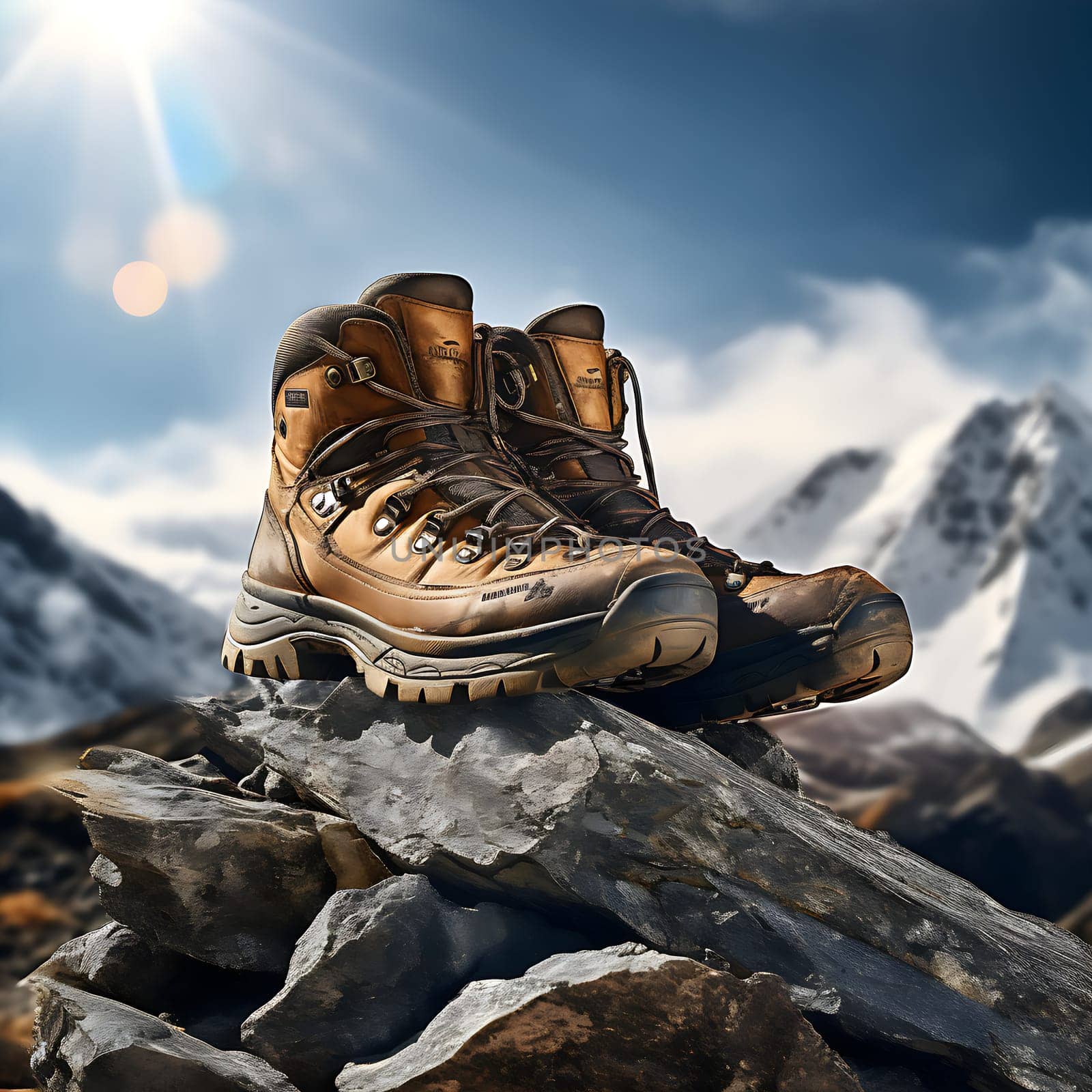 Photo of hiking boots standing in a mountain landscape generated by artificial intelligence