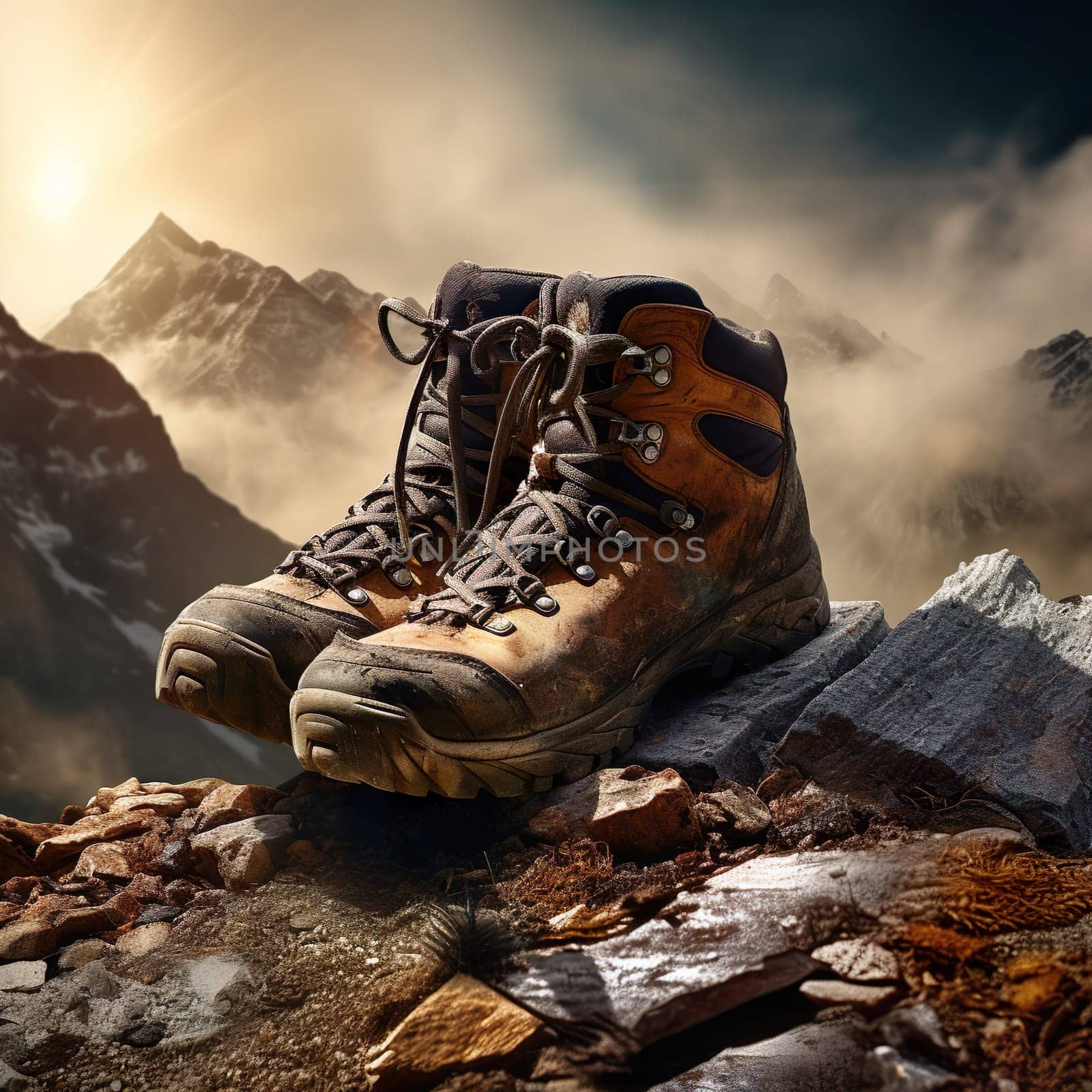 Photo of hiking boots standing in a mountain landscape generated by artificial intelligence