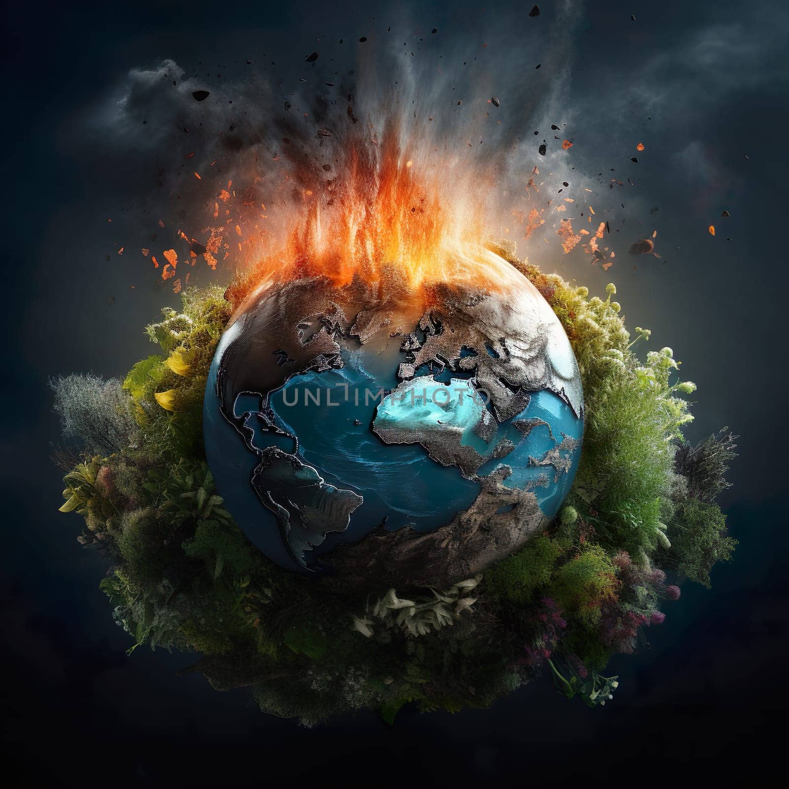 A destroyed globe generated by artificial intelligence