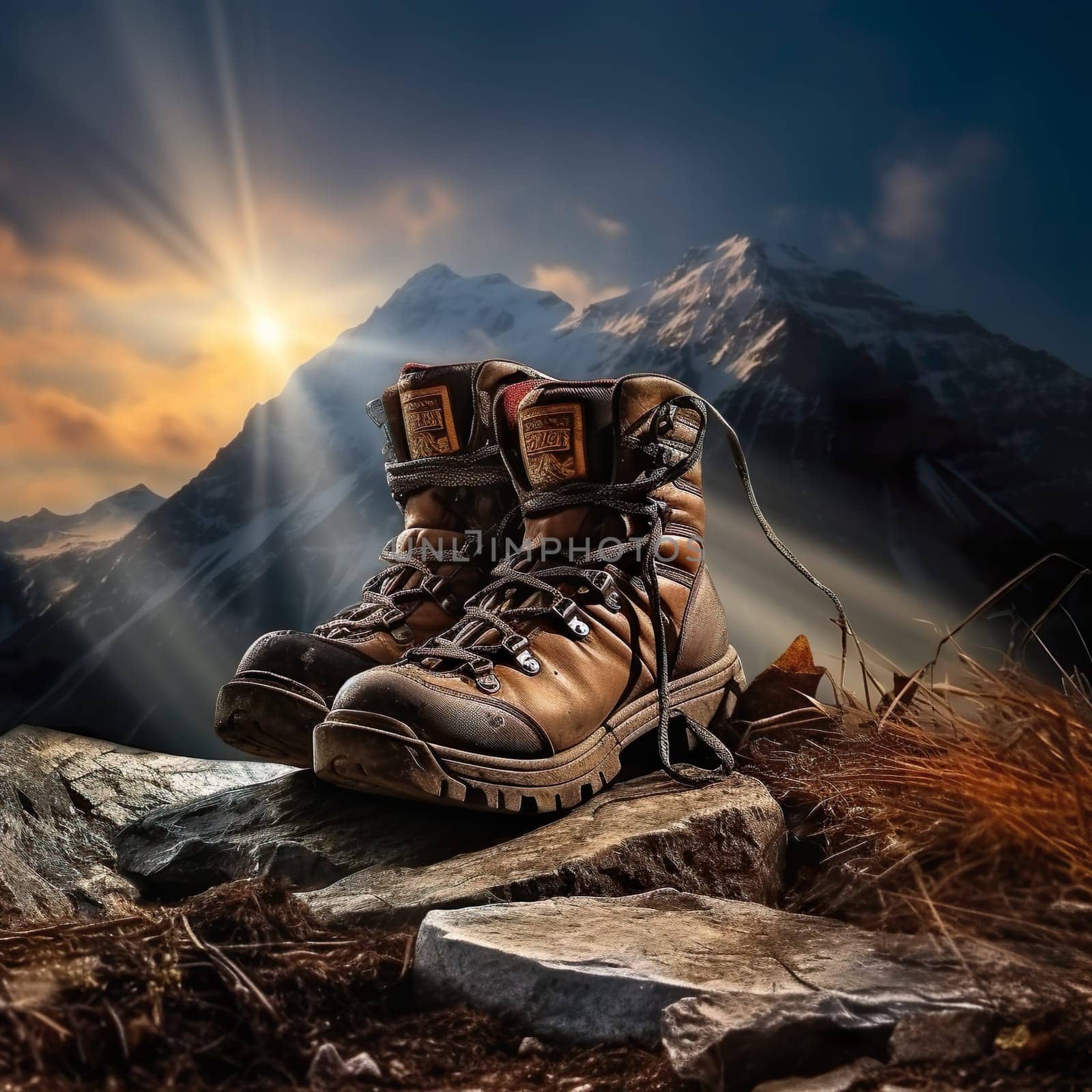Photo of hiking boots standing in a mountain landscape generated by artificial intelligence
