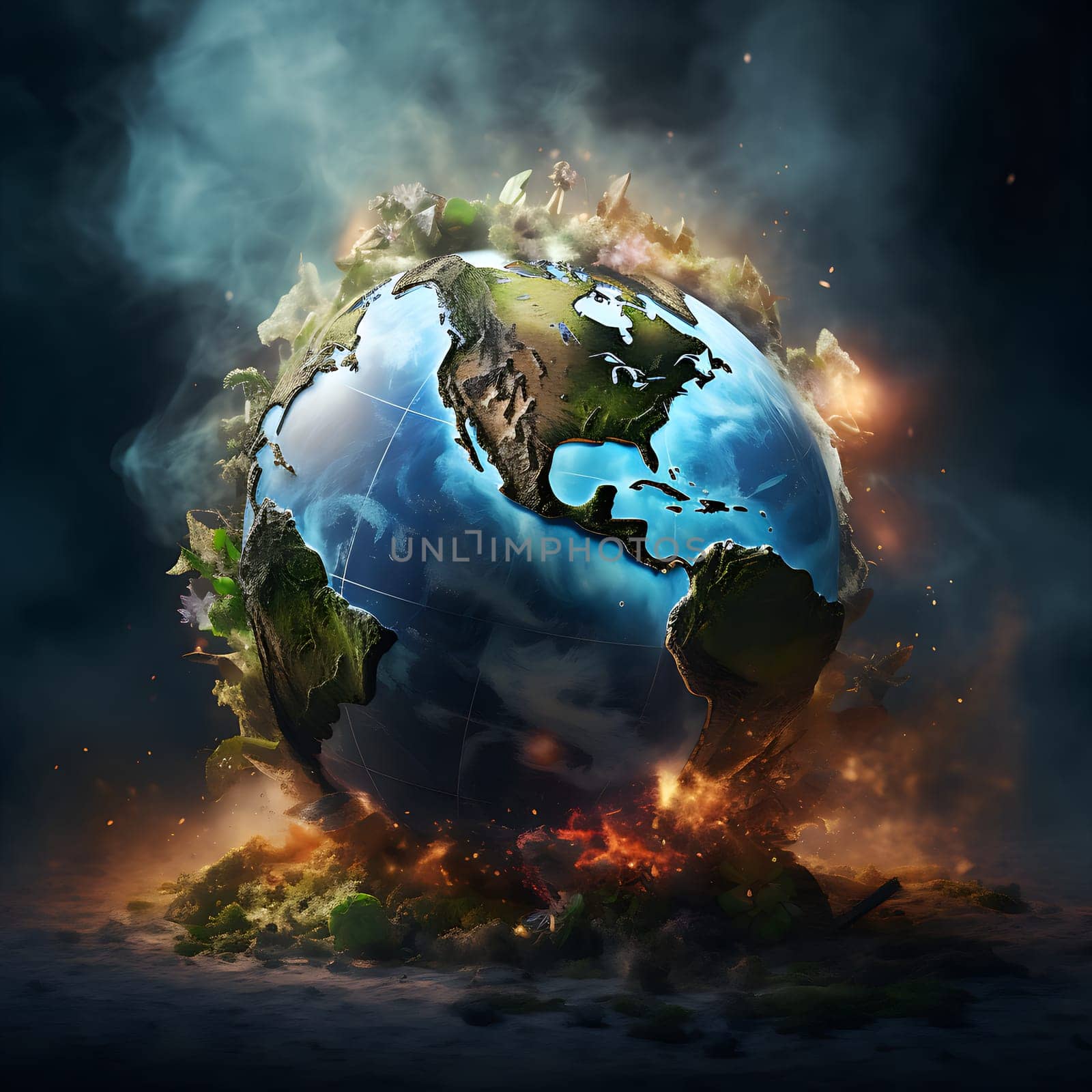A destroyed globe generated by artificial intelligence