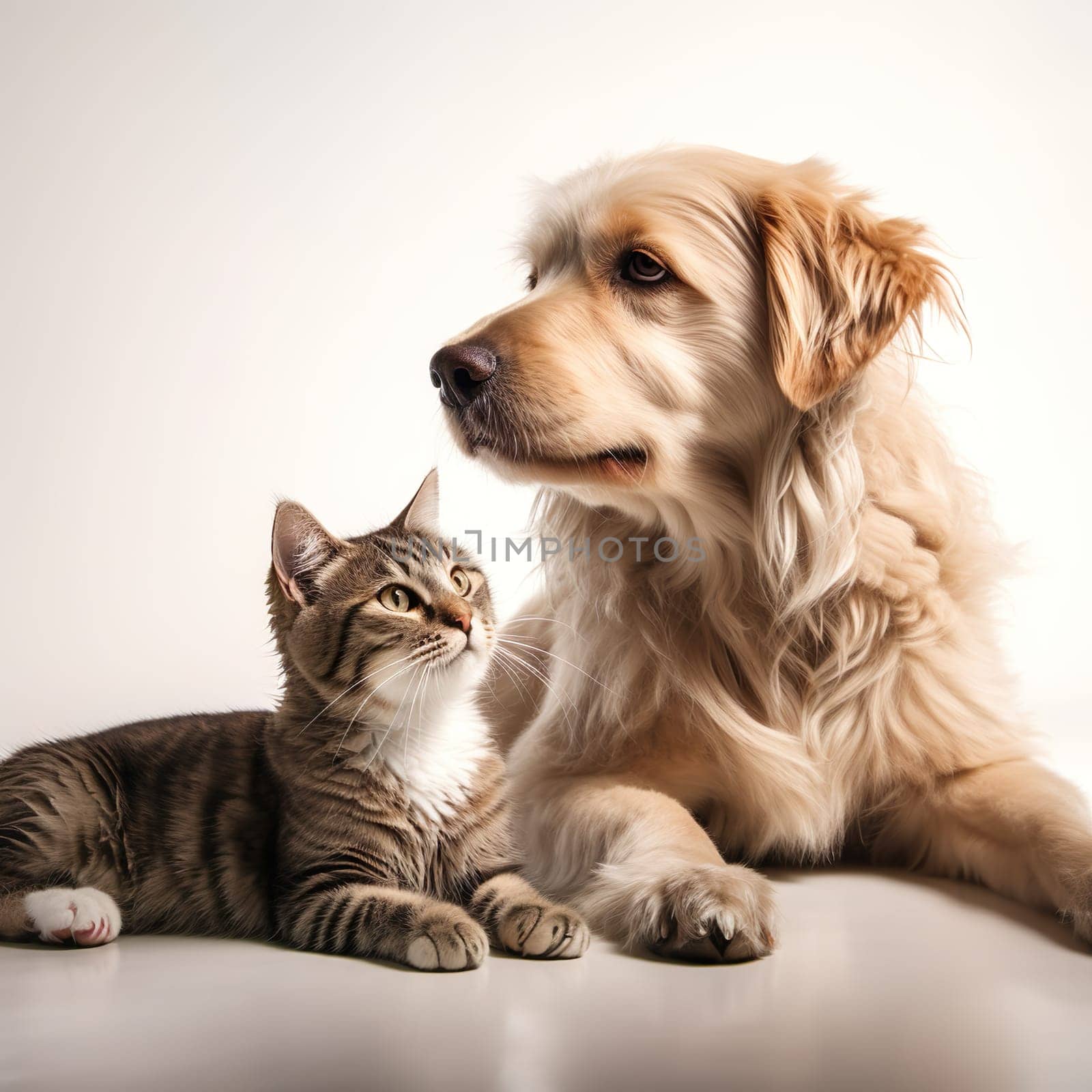 Animal friendship - a cat and a dog sitting peacefully together generated by artificial intelligence