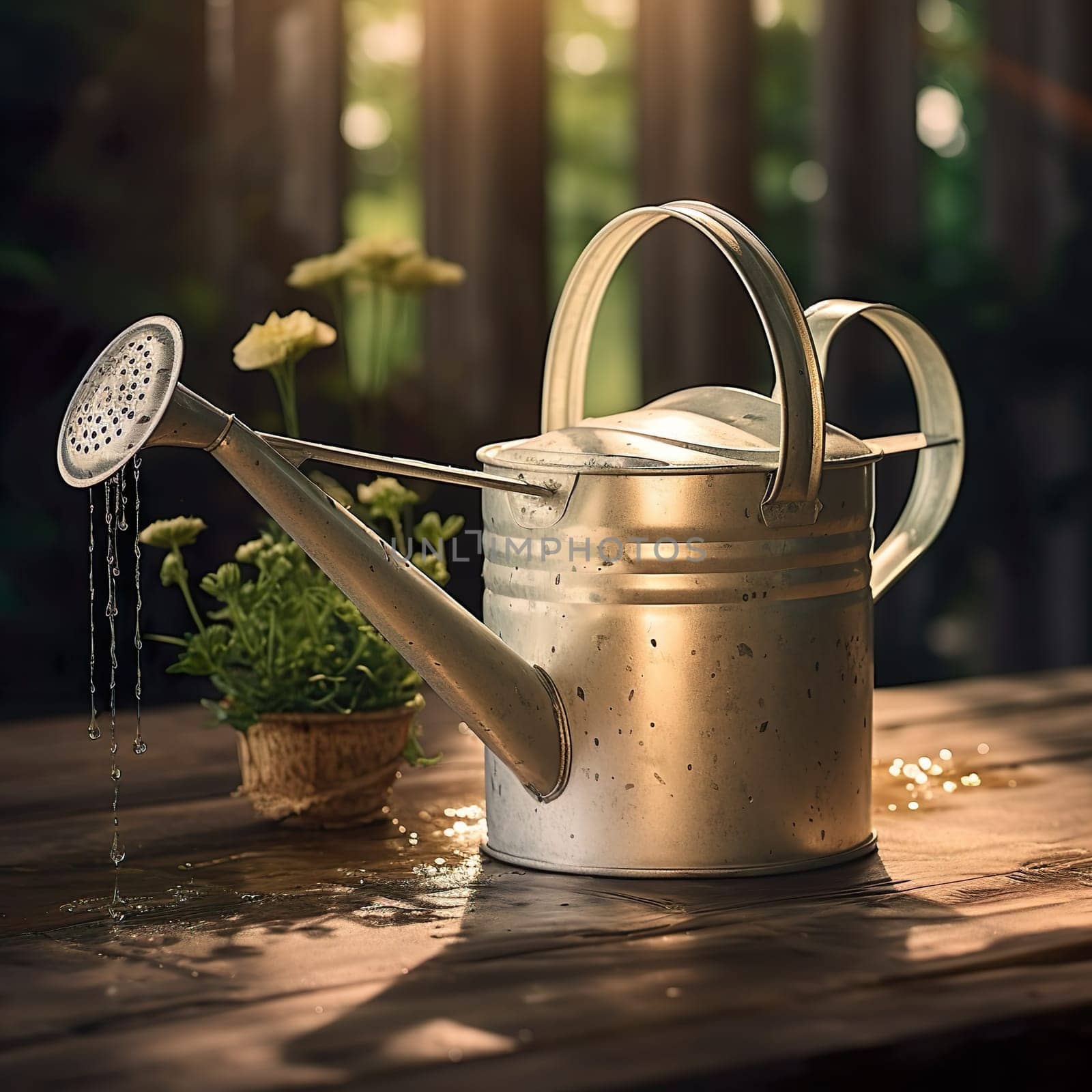 Photo with a beautiful silver watering can generated by artificial intelligence