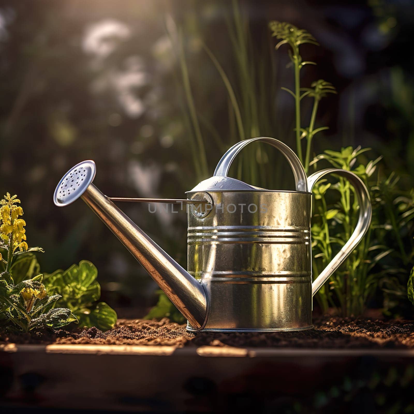 Photo with a beautiful silver watering can generated by artificial intelligence