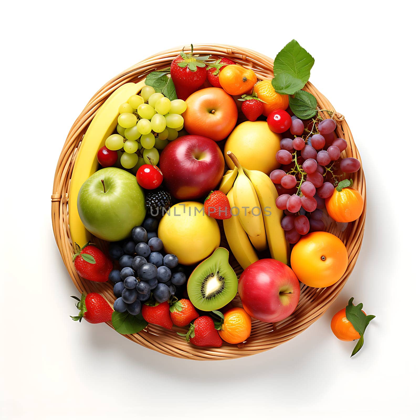 A fruit basket on a white background generated by artificial intelligence