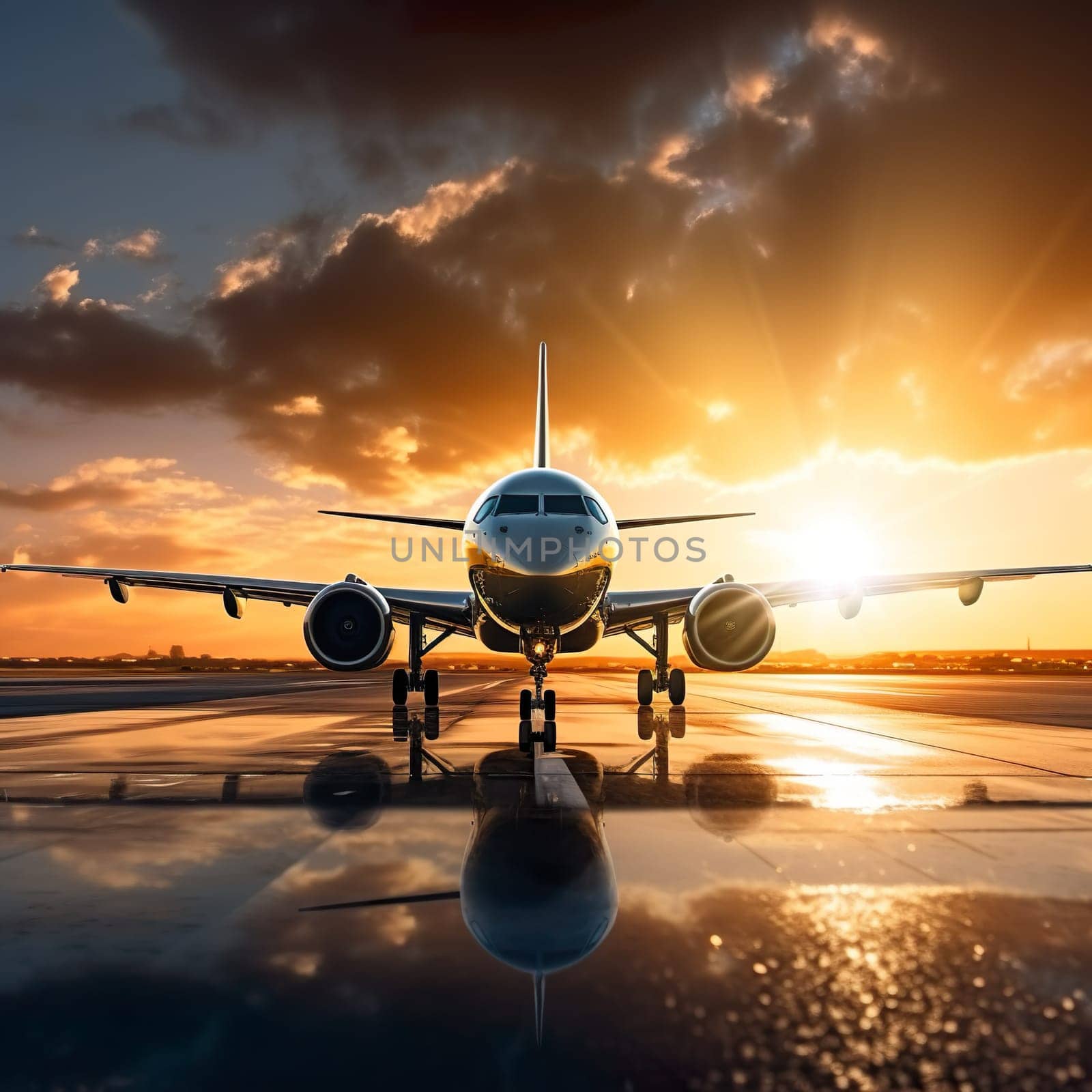 An airplane on the tarmac at sunset generated by artificial intelligence