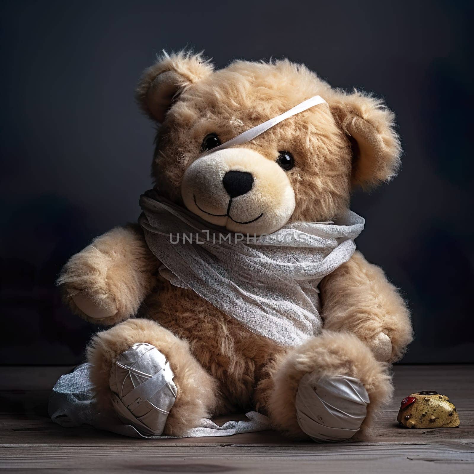 A teddy bear with a bandage generated by artificial intelligence