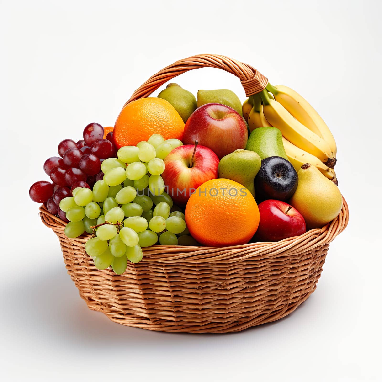 A fruit basket on a white background generated by artificial intelligence