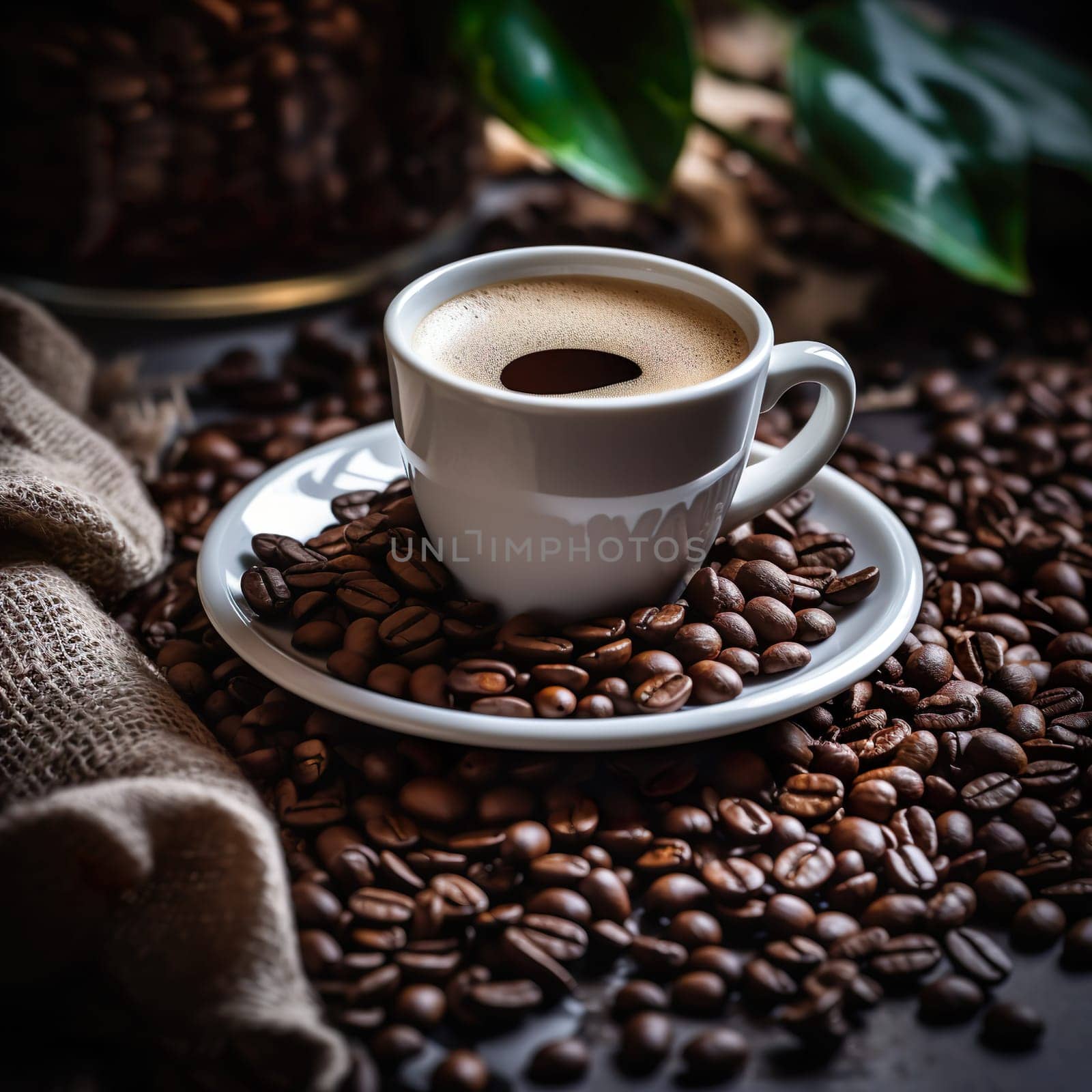 A cup of coffee with coffee beans generated by artificial intelligence