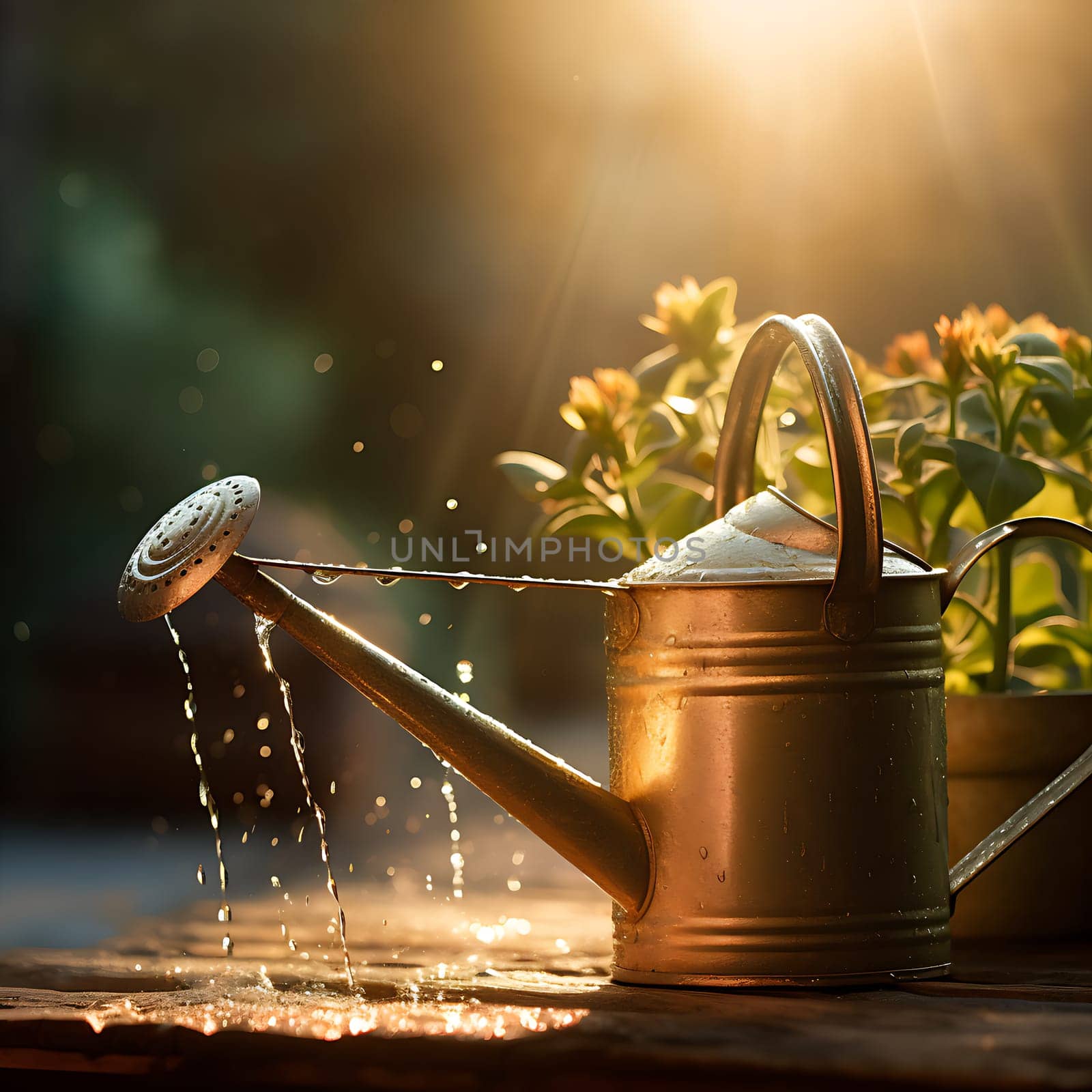 Photo with a beautiful silver watering can generated by artificial intelligence