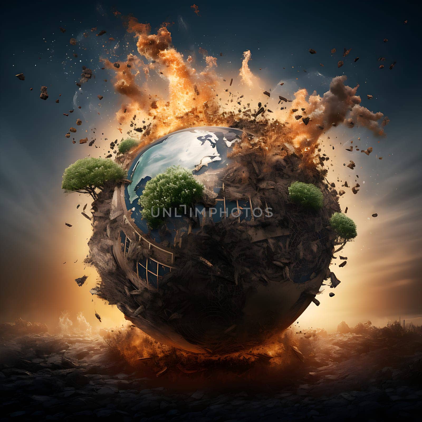 A destroyed globe generated by artificial intelligence