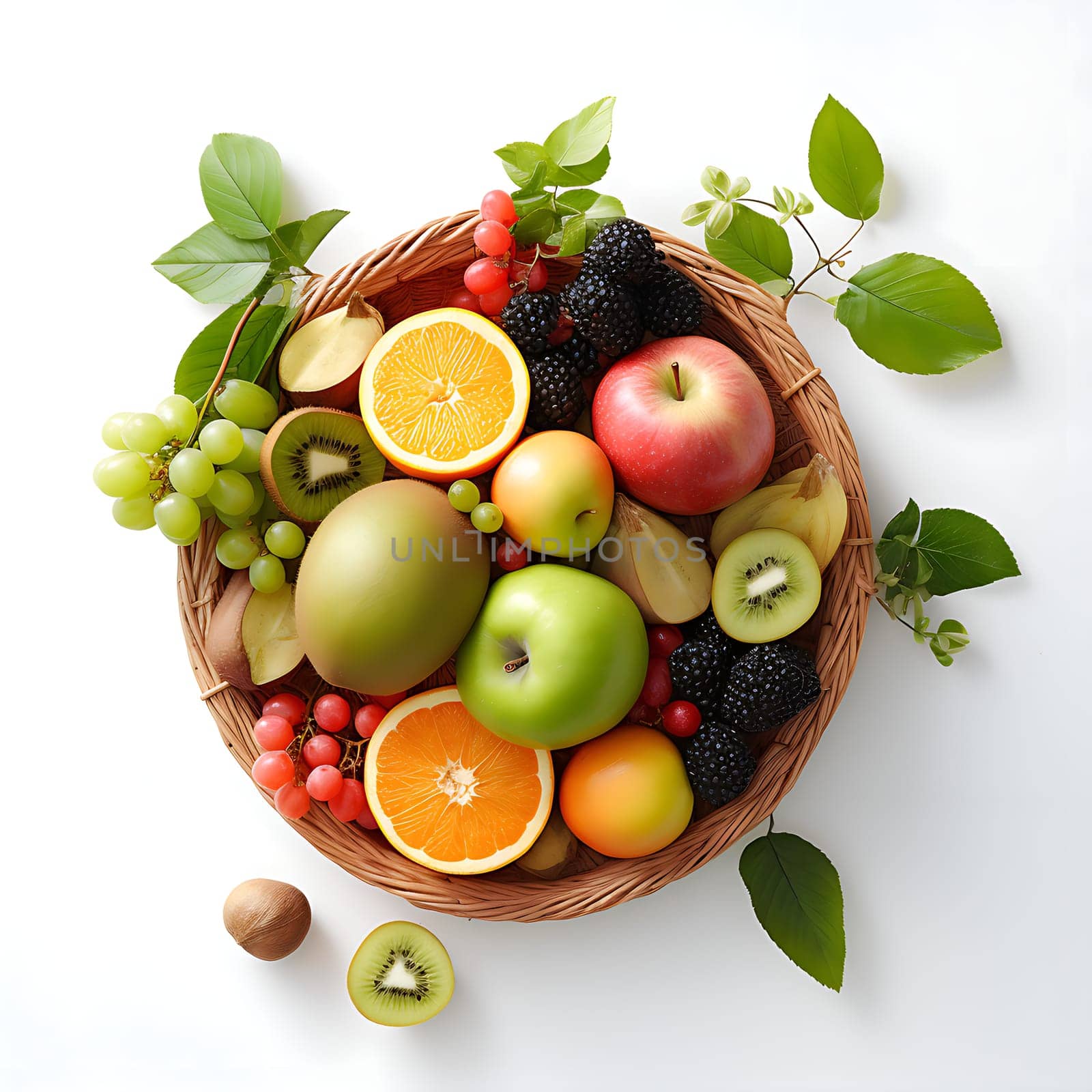 A fruit basket on a white background generated by artificial intelligence