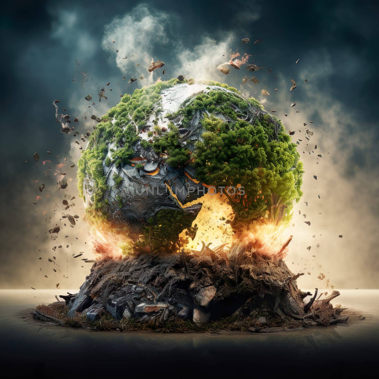A destroyed globe generated by artificial intelligence