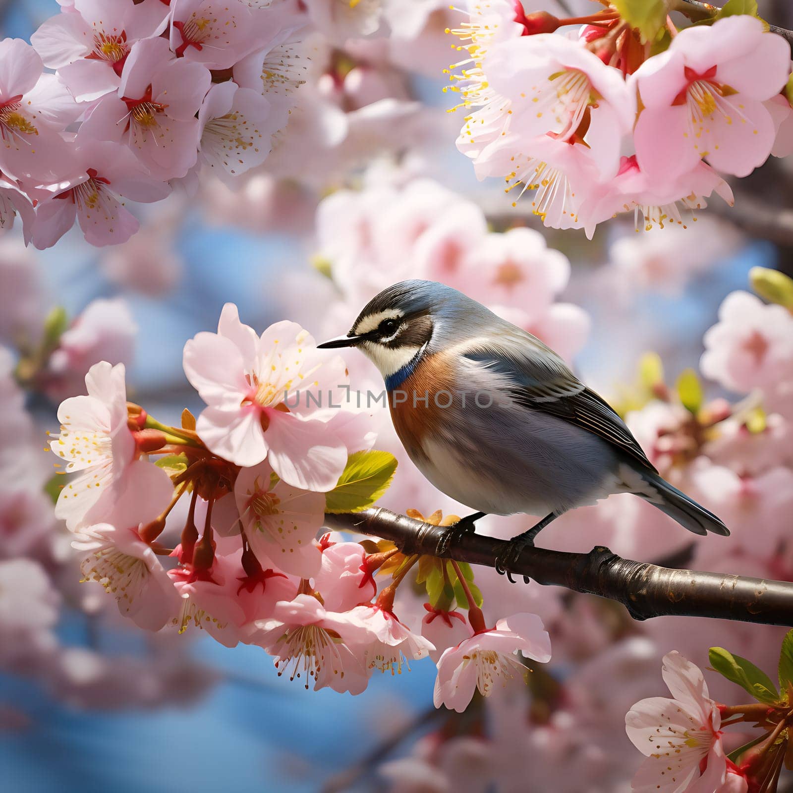 A bird sits on a branch between cherry blossoms generated by artificial intelligence