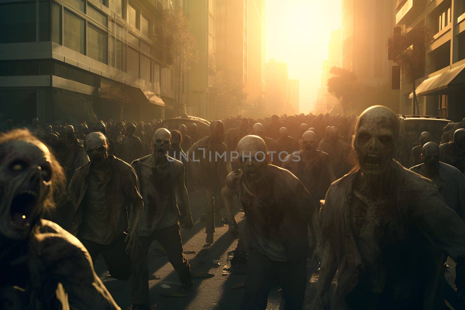 group of zombie walking slow at the city street at sunny morning or evening. Neural network generated image. Not based on any actual person, scene or pattern.