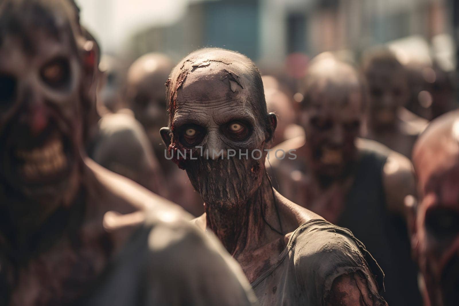 group of zombie walking slow at the city street at sunny day. Neural network generated image. Not based on any actual person, scene or pattern.