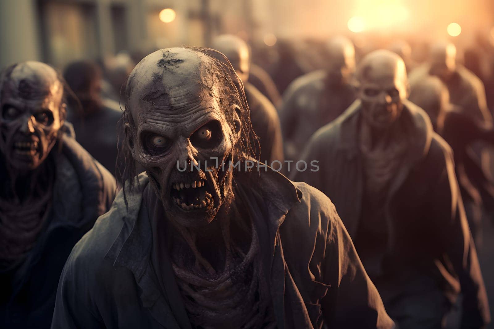 group of zombie walking slow at the city street at sunny morning or evening. Neural network generated image. Not based on any actual person, scene or pattern.
