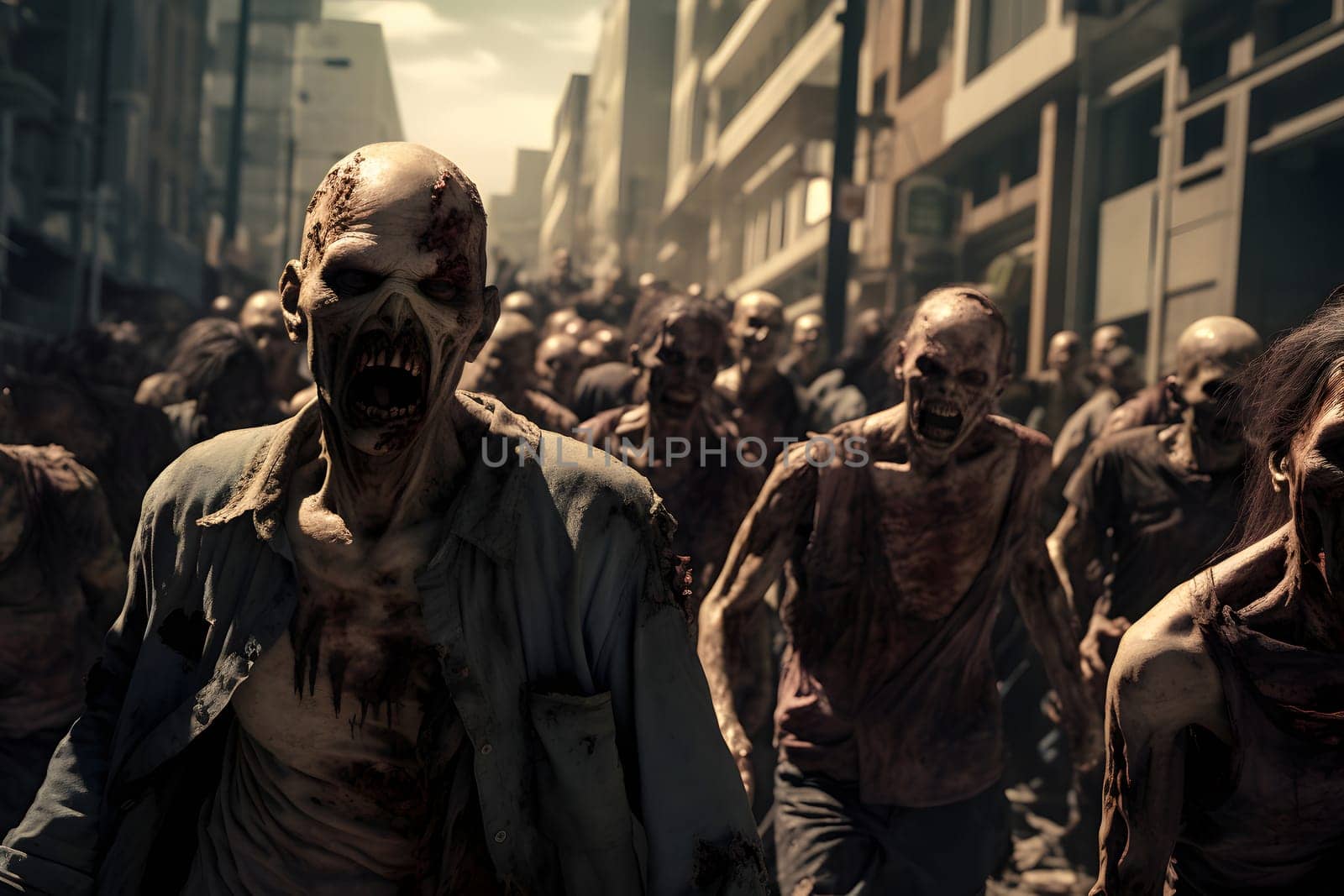 group of zombie walking slow at the city street at sunny day. Neural network generated image. Not based on any actual person, scene or pattern.