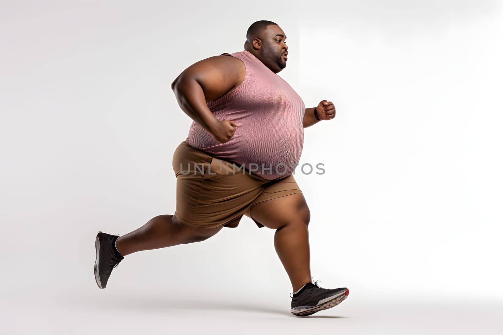 Overweight young adult African American man running on white background, concept of overweight and weight loss. Neural network generated image. Not based on any actual person or scene.
