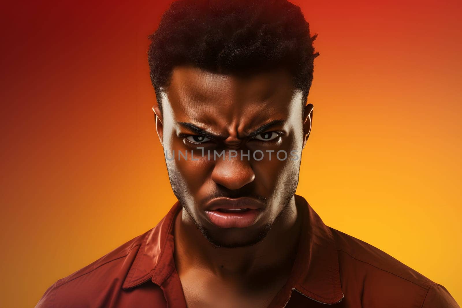 Angry mature African American man with glasses yelling, head and shoulders portrait on orange background. Neural network generated image. Not based on any actual person or scene.