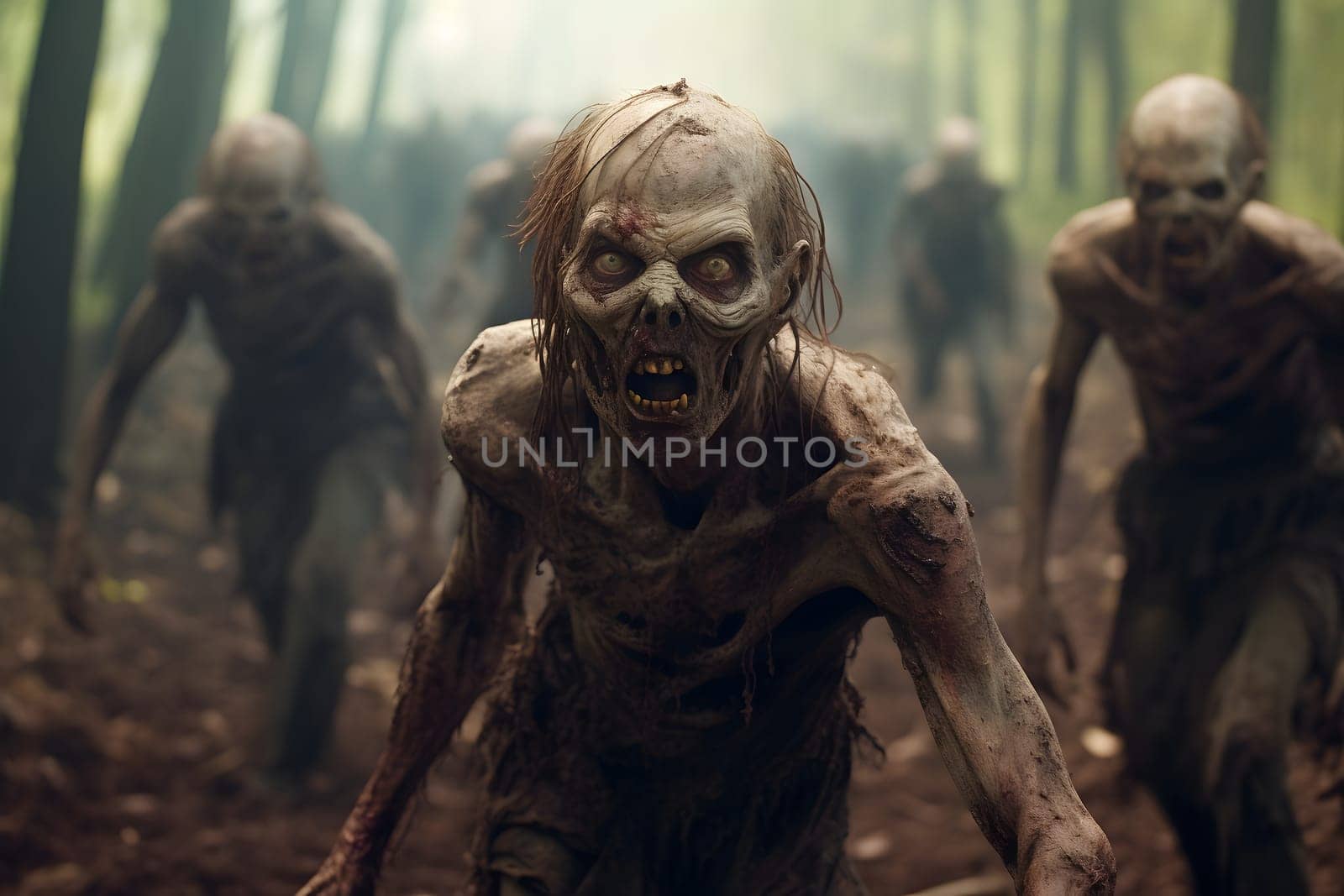 Group of zombies standing in the spring forest at misty day. Neural network generated image. Not based on any actual person, scene or pattern.