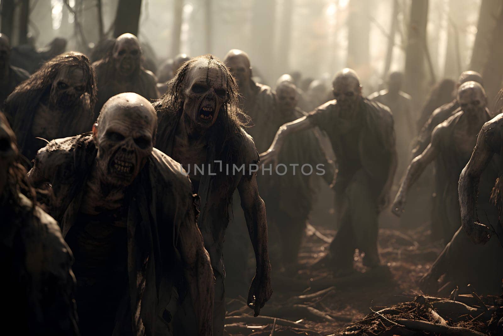 Group of zombies standing in the spring forest at misty day. Neural network generated image. Not based on any actual person, scene or pattern.