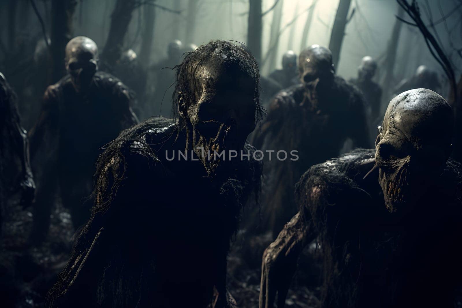 group of zombies standing in the summer forest at night. Neural network generated image. Not based on any actual person, scene or pattern.