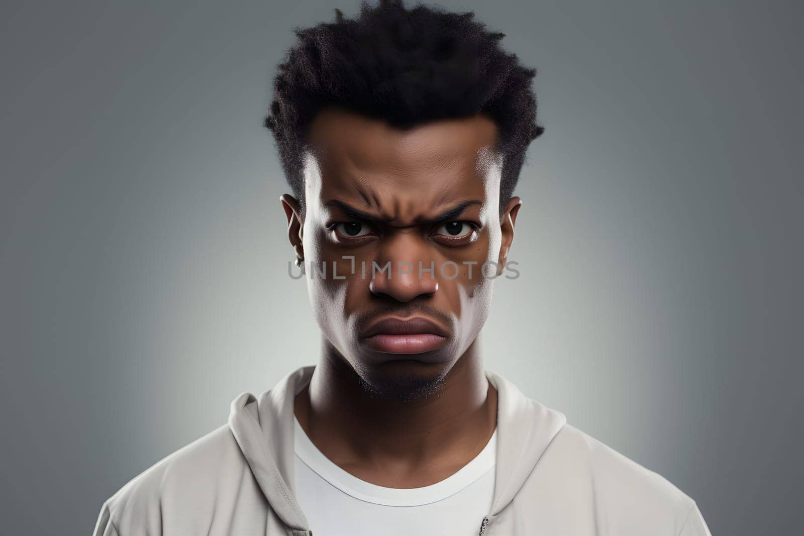 grim young adult African American man, head and shoulders portrait on grey background. Neural network generated photorealistic image. Not based on any actual person or scene.